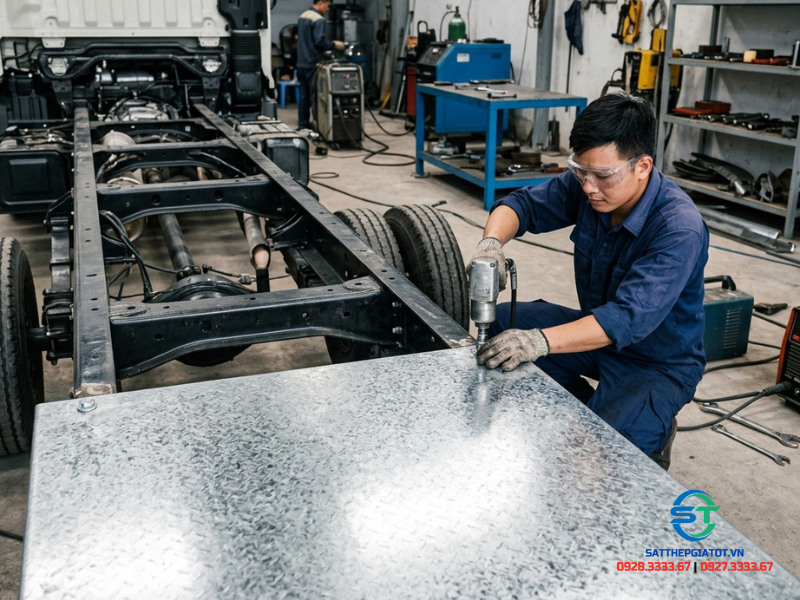 Hình ảnh thi công lót sàn thùng xe tải bằng sắt tấm phủ kẽm nhúng nóng bền bỉ chịu lực cơ học cao.