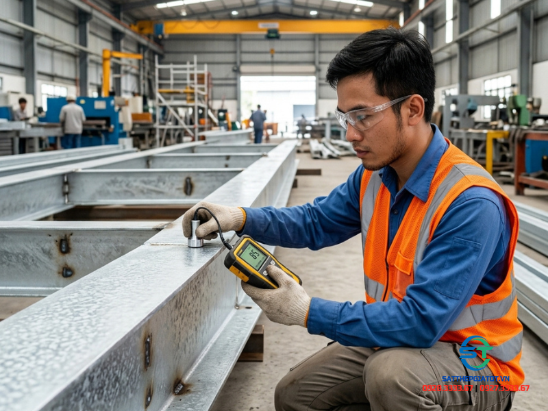 Kỹ sư đo lường độ dày lớp phủ kẽm trên thép hộp mạ kẽm nhúng nóng