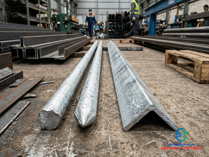 Hình ảnh trực quan về sự khác biệt giữa cọc tiếp địa tròn đặc và cọc thép hình chữ V mạ kẽm nhúng nóng, hai lựa chọn phổ biến cho các dự án chống sét tại Kim Khí Vina.