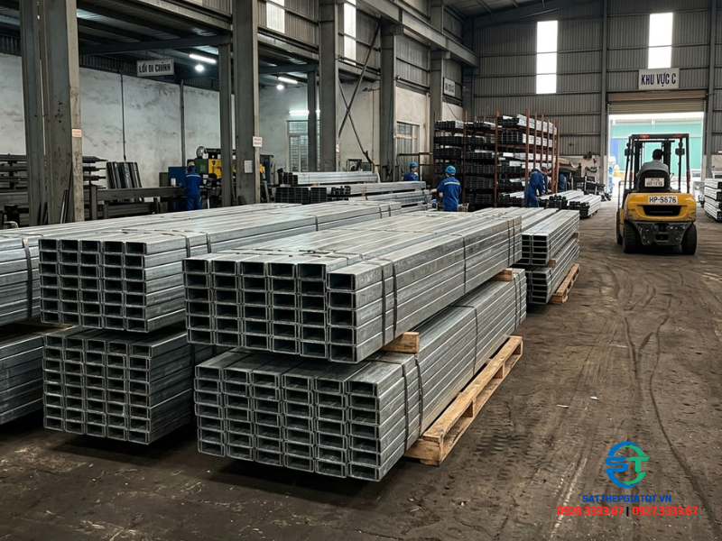 Xếp kho thép u mạ kẽm nhúng nóng tiêu chuẩn ASTM A123 tại Kim Khí Vina