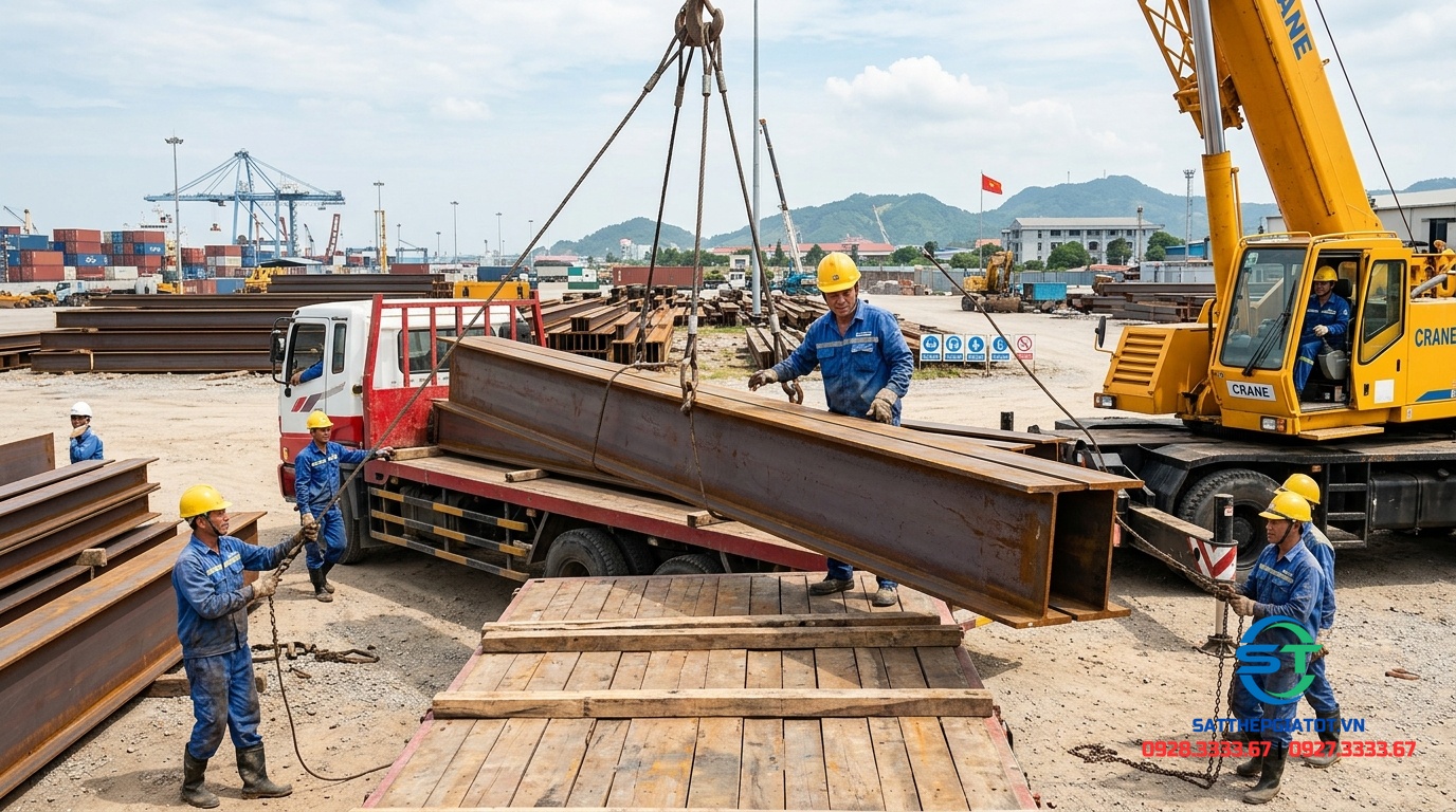 Công nhân bốc xếp thép hình chữ H lên xe tải giao cho công trình