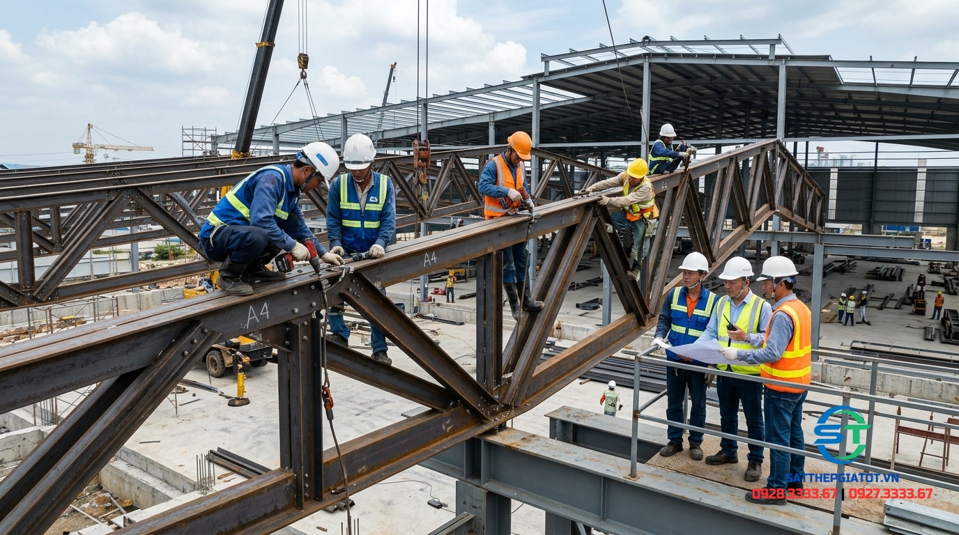 Thi công lắp dựng khung vì kèo mái bằng thanh sắt chữ V tại nhà xưởng công nghiệp